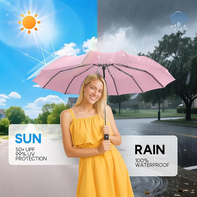 Travel Compact Umbrella, Folding Travel Umbrella for Rain and Shine Small, Windproof Automatic Open/Close, Portable Umbrellas