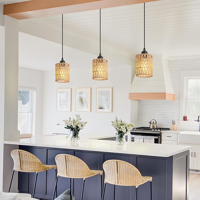 Boho Rattan Pendant Light for Kitchen Island Round Hanging Lamp | Handwoven Rattan Shade Adjustable Height 10-57 Inch E26 Base Farmhouse Chandeliers for Kitchen Islands And Dining Rooms