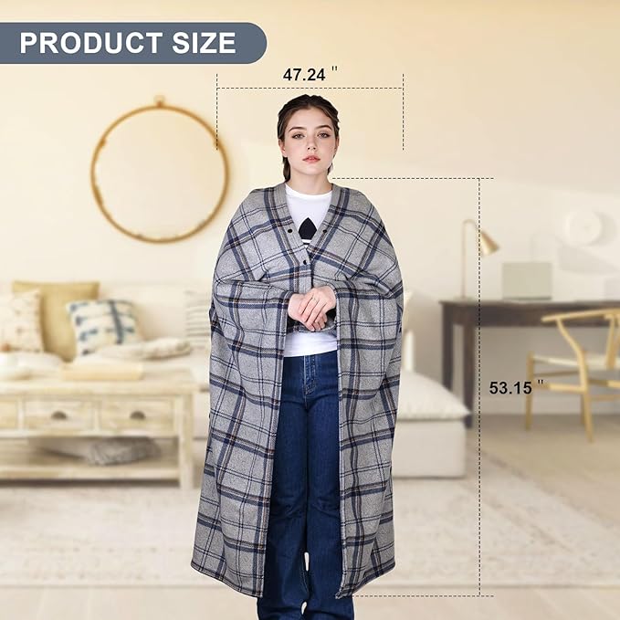 forestfish Wearable Blanket Compact Pillow 2-in-1, Lap Blanket Poncho with Button Plaid Throw Cushion for Home Office Sofa