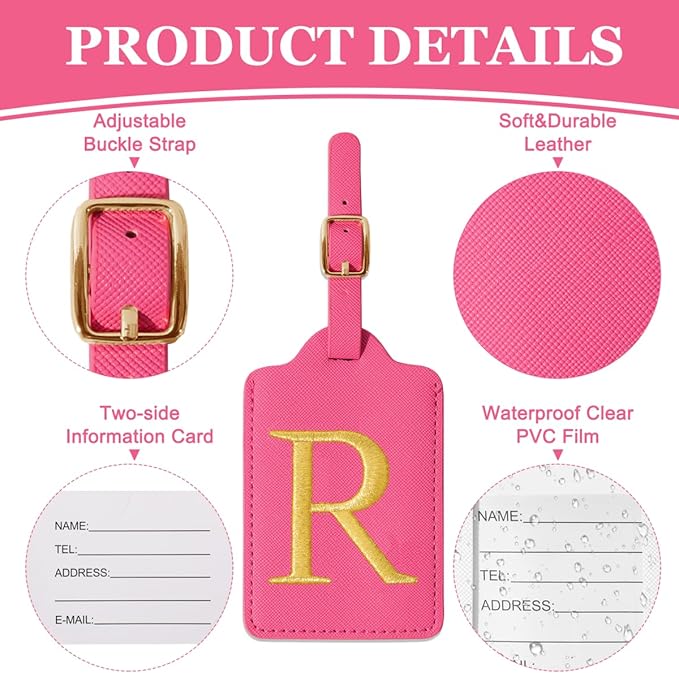 Personalized Initial Luggage Tags for Suitcases,Leather Letter Cute Luggage Tags with Privacy Name Card,Embroidered Monogrammed Travel Bag Backpack Tag Gifts for Women Kids Girls Teens(Rosered-R)