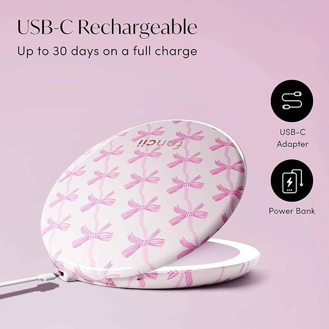 Fancii Taylor LED Lighted Travel Makeup Mirror, Rechargeable, 10x /1x Magnifying, Tru-Glow Lighting System, XL Large 5” Wide | Compact Mirror for Purses (Rosette Ribbon)