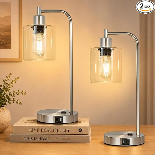 Industrial Touch Control Table Lamps Set of 2 - Brushed Nickel Nightstand Bedside Lamps with 2 USB Ports & AC Outlet, 3-Way Dimmable Desk Lamp for Bedroom Living Room, Glass Shade & LED Bulbs Included