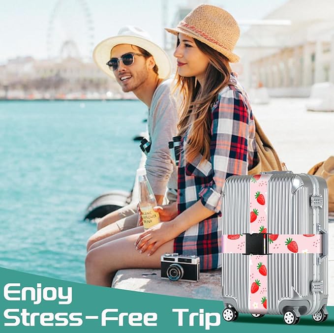 Slohif Luggage Straps for Suitcases Travel Belt Accessories Luggage Connector Identifiers 2 Pack Over Handle with Buckle Unique Nylon Adjustable Strap for Sleeping Bag Car Seat Lovely Strawberry