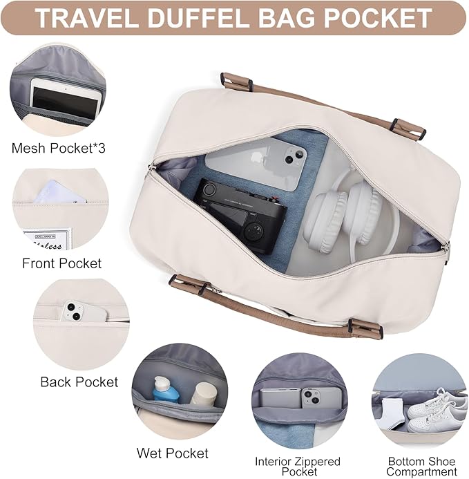 Weekender Bags for Women,Travel Duffle Overnight Bag with Shoe Compartment,Personal Item Carry On Bag,Beige & Brown,Extra Large,3 Pcs Set