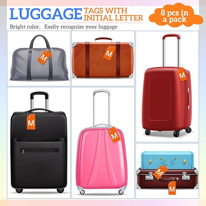 8 Pcs Initial Letter A-Z Luggage Tags Silicone Suitcase Instrument Tag with Name Card and Stainless Steel Loop(Letter M,Orange)