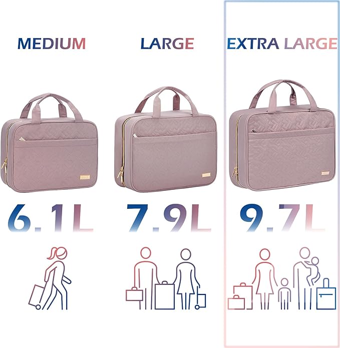 NISHEL Travel Toiletry Bag for women, Portable Hanging Organizer for Family-Sized Shampoo, Conditioner, Brushes Set, Makeup Accessories, Extra Large Size, Peach Pink