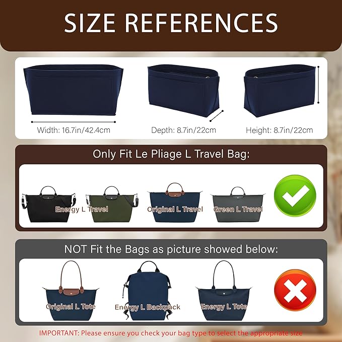 Premium Felt Purse Organizer Insert for Longchamp Le Pliage, Zipper Long Champ Bag Organizer Insert with Cup Holder, 9 Compartments