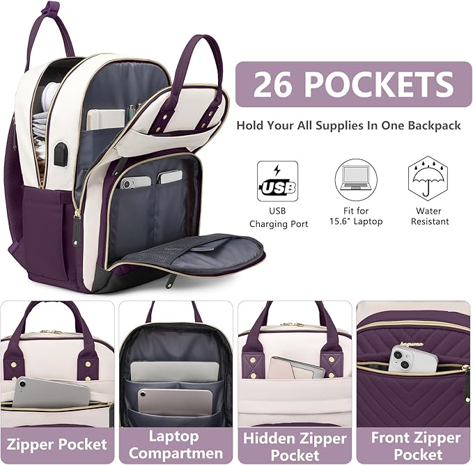 Laptop Backpack for Women Work Bag - 15.6 inch Travel Backpack Purse with USB Charger College Bookbag Waterproof Cute Casual Daypack Fashion Business Computer Backpacks for Teacher Nurse Dark Purple