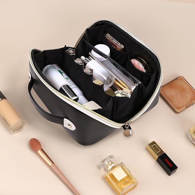 Prite Makeup Bag for Women Travel Waterproof Vegan Leather Cosmetic Bag Open Flat Toiletry Bag With Clear Divider and Handle (Large Black Pro)
