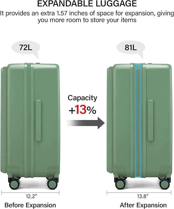 Hanke 24 Inch Expandable Checked Luggage with Cup Holder and Charger Port,Top Opening Hard Shell Suitcases with Wheels, Medium Travel Rolling Suitcase Trunk Luggage with Lock, Forest Green
