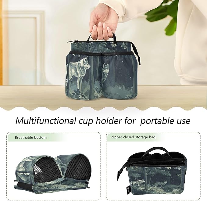 Luggage Cup Holder for Suitcases Free Hands Travel Cup Holder Portable Suitcase Cup Drink Holder Luggage Cup Caddy Bag Carrier Night Forest Wolves