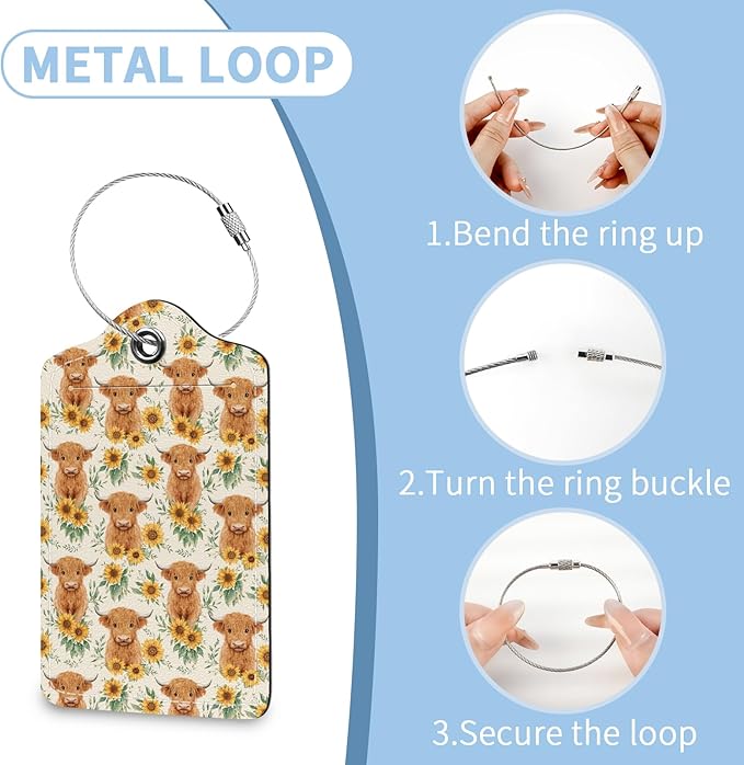 2 Pcs Highland Cow Sunflower Luggage Tag for Suitcases, Cute PU Leather Suitcase Tag Privacy Cover ID Label with Metal Loop, Personalized Baggage Identifier for Cruise Bag Travel Essentials
