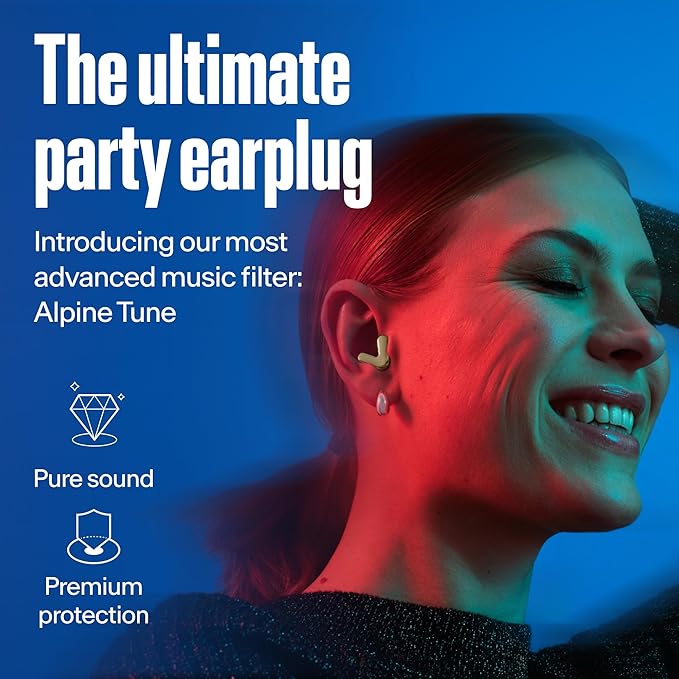 Alpine Tune Earplugs, Concert Ear Plugs for Noise Reduction, High Fidelity Music Quality, 19dB Hearing Protection with Crystal Clear Sound, Incl. 4 Sizes, for Parties, Raves, Festivals & Clubs, Gold