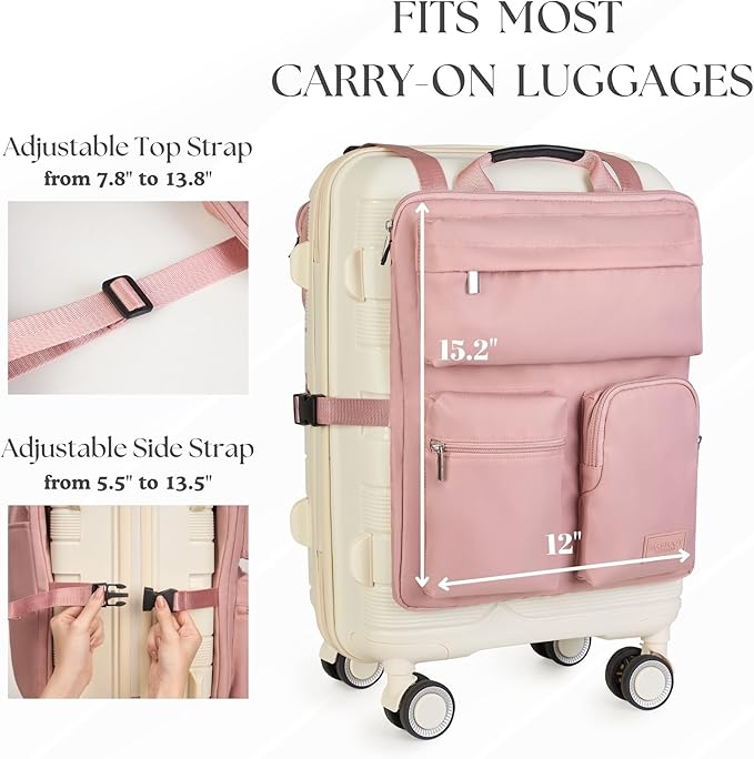 BAREFOOT CARIBOU Over Luggage Organizer for Carry On Bag or Suitcase with Storage Pockets, 16” Laptop Sleeve with Handle, Travel Accessories Bag Slide On Luggage Harness with Adjustable Straps (Pink)