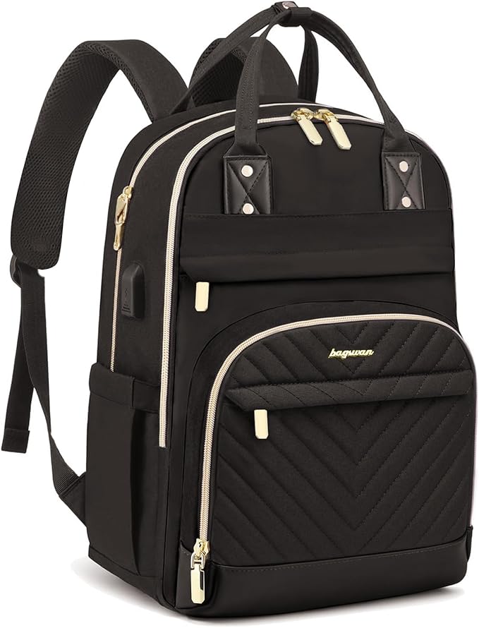 Laptop Backpack for Women Work Bag - 15.6 inch Black Travel Backpack College Backpack with USB Charger Business Office Back Pack for Teacher Casual Waterproof Bookbag for Nurses