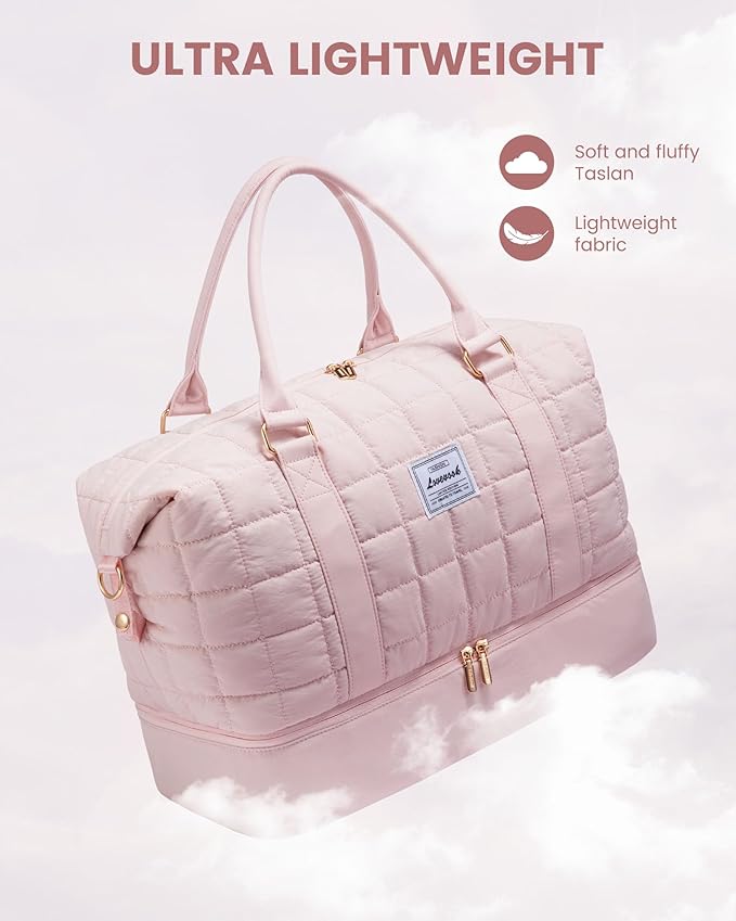 LOVEVOOK Large Duffle Bag for Travel, Puffer Weekend Bags for Women Travel Tote, Carry on Duffel Bag for Airplanes, 18 Inch Personal Item Bag Gym Bag Women, Pink