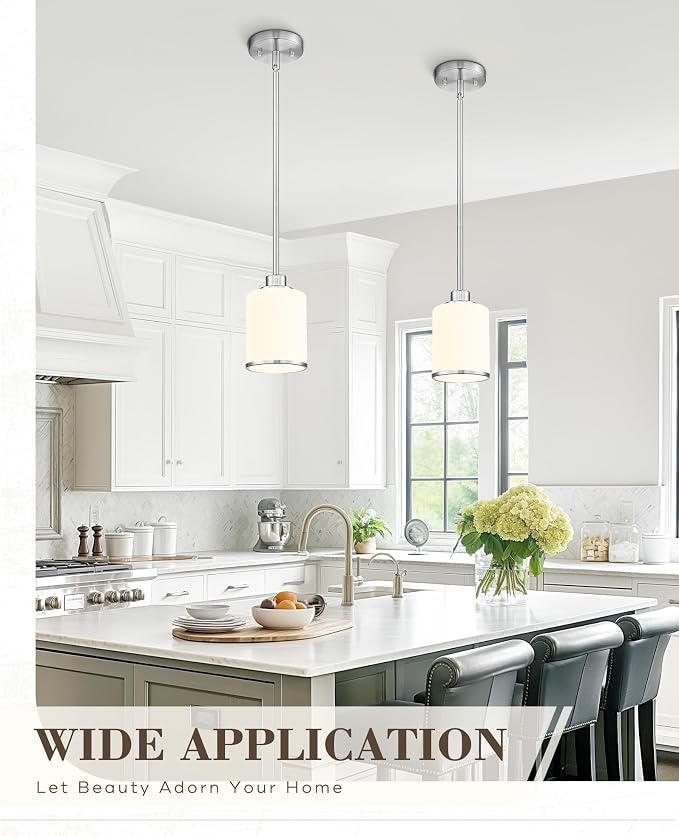Beionxii Brushed Nickel Pendant Lights Kitchen Island 2 Pack,Hanging Lights | Milk Glass, Kitchen Pendant Lighting Over Island, Hanging Lights for Sink Dining Room Entryway, BX-PL02BN-2