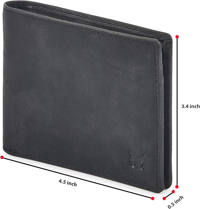 Real Leather Mens Bifold Wallet RFID Blocking Slim Minimalist Front Pocket - Thin & Stylish with ID Window in Gift Box (Crazy Horse, Black)