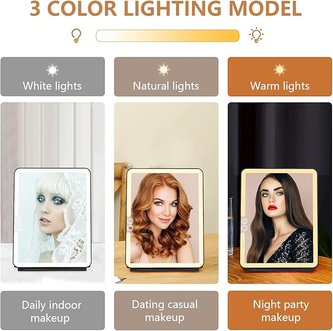 WEILY Portable Travel Mirror Makeup Mirror with 72 LED Lights, Touch Screen Three Colors Dimmable,Ultra Thin, 2000 mAh USB Rechargeable Foldable Cosmetic Mirror（Black）