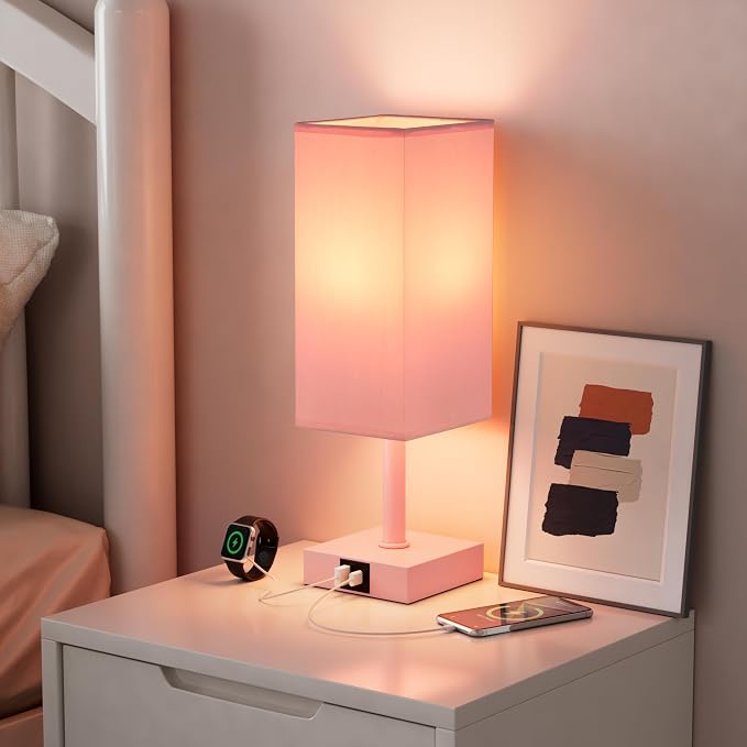 Touch Table Lamp for Bedroom - Dimmable, USB C+A, Pink Lamphade Pink Base | 3-Way Dimmable, 3000K LED Bulb Included, Square Lampshade, Cute Room Decor for Teen Girls, Kids, Small Lamp for Dorm, Nursery