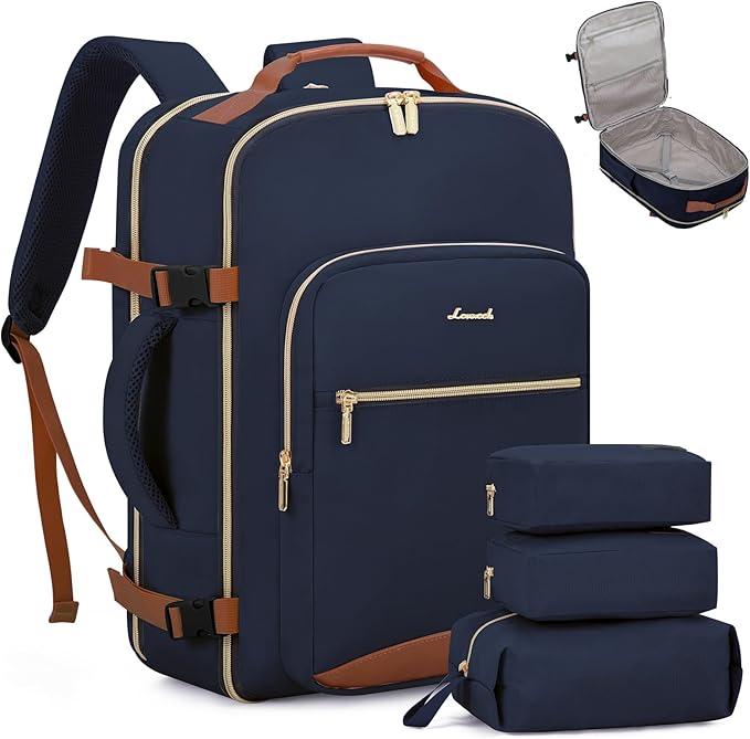LOVEVOOK Travel Backpack for Women & Men 50L,Airline Approved Carry On Backpack Travel Essentials,TSA Carry on Luggage,Waterproof Personal Item Travel Bag,Suitcase with 3 Packing Cubes,Dark blue-Brown