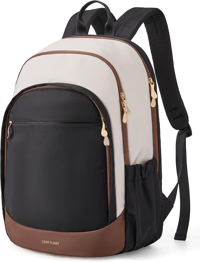 LIGHT FLIGHT Travel Backpack for Women, 15.6 Inch Laptop Backpack with USB Charging Hole, Water Resistant College Bookbag, Large Capacity Black Computer Backpacks for Work, Beige+Black