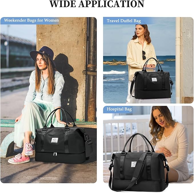 Weekender Bags for Women,Personal Item Travel Bag with Shoes Compartment,Overnight Travel Duffel Bag with Grid Toiletry Bag,Extra Large,Black