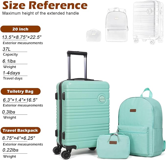 ABS+PC Carry on Luggage set with backpack 3 Pcs suitcace with Spinner wheels TSA Lock 20-In hardshell Lightweight Luggage set (Mint Green)