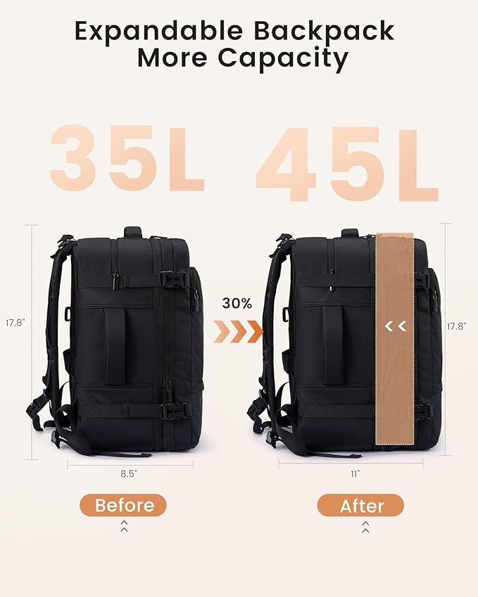 LOVEVOOK Travel Backpack for Women & Men, Carry On Backpack with Cup Holder, Personal Item Travel Bag Flight Approved with Padded Laptop Compartment, Weekender Daypack With 2 Cubes, 17.3 Inch Black