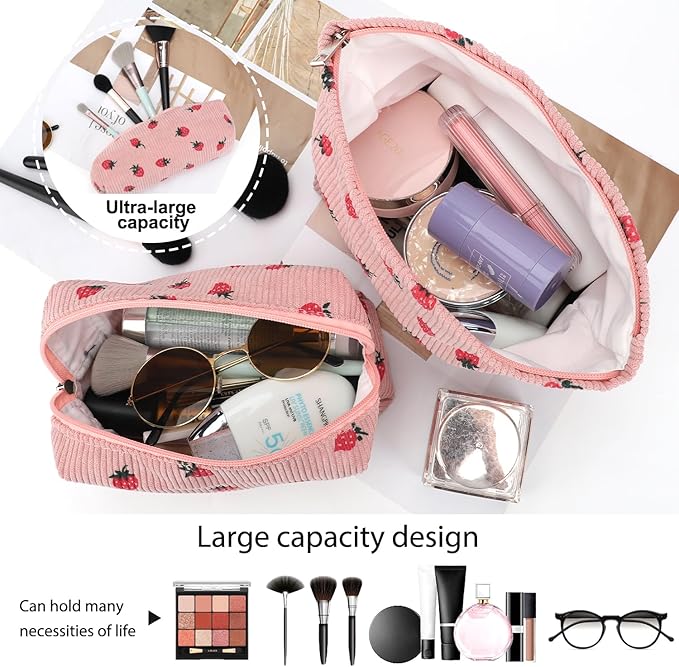 EIMMBD Makeup Bag 3 Pieces Large Capacity Cosmetic Bags Travel Toiletry Bag Organizer Cute Makeup Pouch Storage for Women(Pink Strawberry)