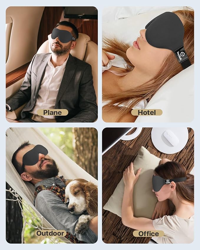 Sleep Eye Mask for Men & Women, 3D Contoured Full Blackout Eye Mask for Sleeping, Pressure-Free Soft with Adjustable Strap, Night Blindfold for Travel, Shift Work & Nap, Midnight Black