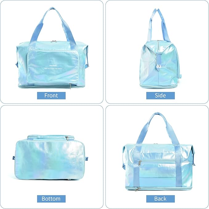 IwIeIaIrI Weekender Overnight Bags for Women Men,Waterproof Lightweight Foldable Gym Duffel Dance Bag for Girls Kids Women Weekend Travel with Laser Color (Blue)