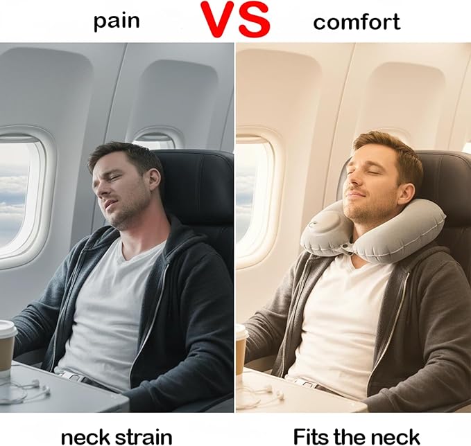 Portable Inflatable Neck Pillow for Travel - Quick-Inflate Airplane Pillow, Compact Adjustable Support for Flights Cars Trains