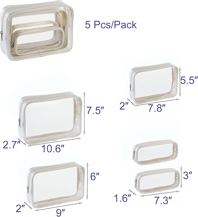 TSA Approved 5-Piece Diaper Bag Organizer Pouch Set Clear Waterproof TPU Kids Toiletry Storage Set Travel Packing Clutch Cube Bags for Baby Nursing(Pearl White Leather)