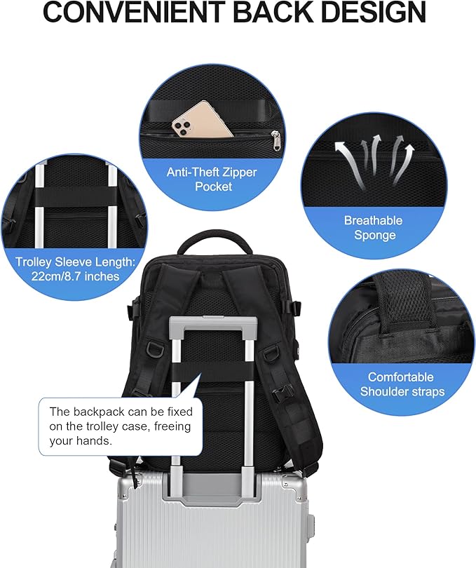Carry On Backpack for Women, Large Travel Backpack Flight Approved, Waterproof 14 Inch Laptop Backpack Business Work Backpacks Men Mochila De Viaje, Black