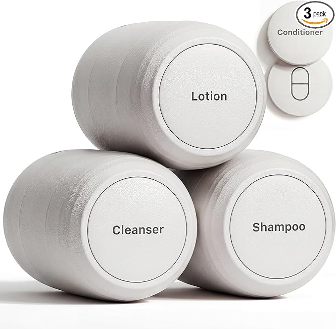 New Travel Toiletry Containers [Ultra Leakproof] TSA-Approved, PLA Hard Shell Jars with 5 Magnetic Labels, Wide Mouth Bottles for Lotion, Cleanser, Shampoo, Conditioner, Beige, 3 Pack, 2OZ