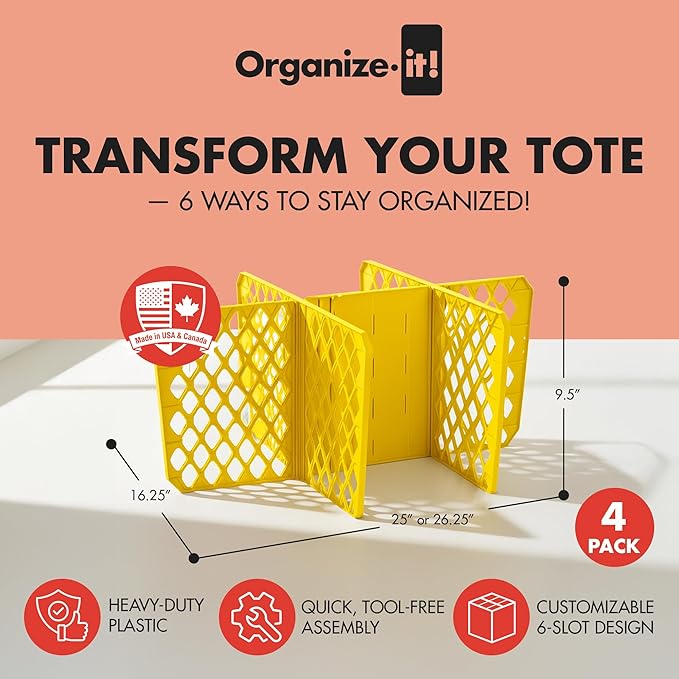 ORGANIZE-IT! 4 Pack 6 Slot Tote Dividers, Durable Plastic Stationery Customizable Organizers for 27 Gallon Storage Containers, Yellow
