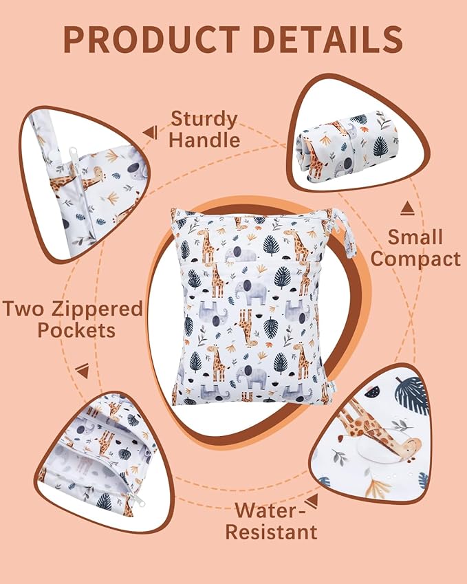 babygoal Animal Wet Dry Bags 3 Pack, Waterproof Travel Bags for Swimsuits, Beach, Pool, Gym,Food Storage and Wet Clothes(Giraffe,Cactus),3LN39-B