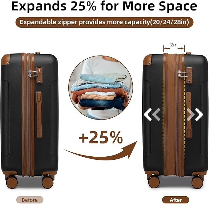 6 Piece Luggage Set Hard Shell - Black Expandable Suitcases with Spinner Wheels and Duffel Bags for Family Travel, Durable Carry On Luggage Sets with Lock for Women and Men