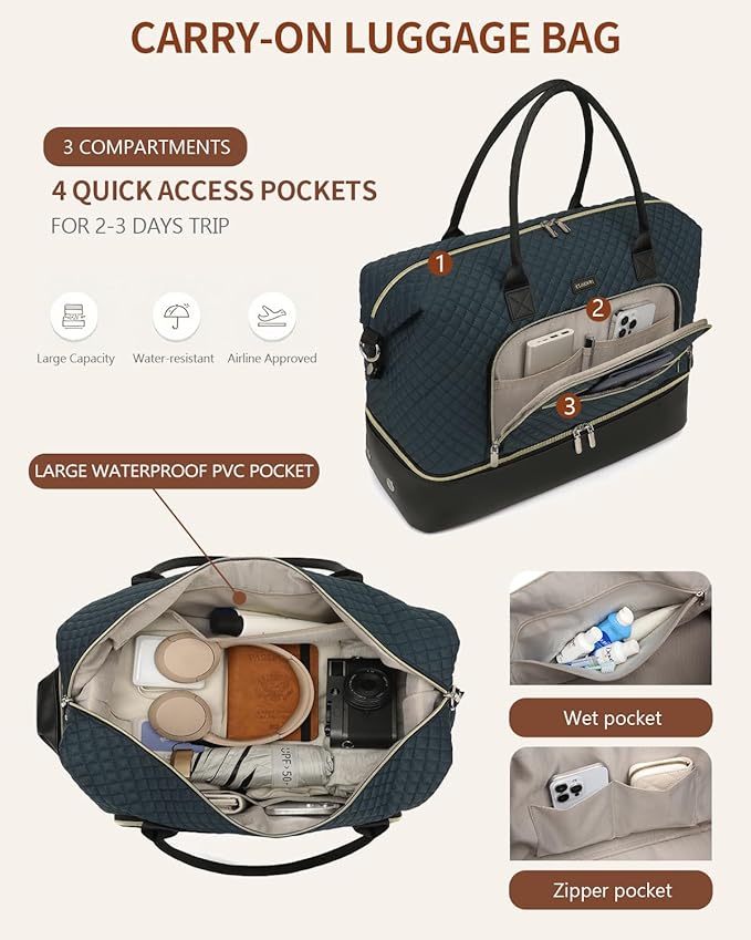 Duffle Bag for Women Travel, Weekender Bag Overnight Bag with Shoe Compartment, Carry on Bag with Crossbody Purse for Over Night, Weekend, Yoga, Gym, Business Trips, Hospital, PeacockBlue Black