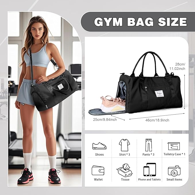 Small Black Sports Gym Duffel Bags for Women Men, Travel Totes Bag Cute Weekender bag with Wet Pocket and Shoe Compartment for Carry On, Gym, Dance, Overnight, Sport Pickleball, Tennis, Racketball