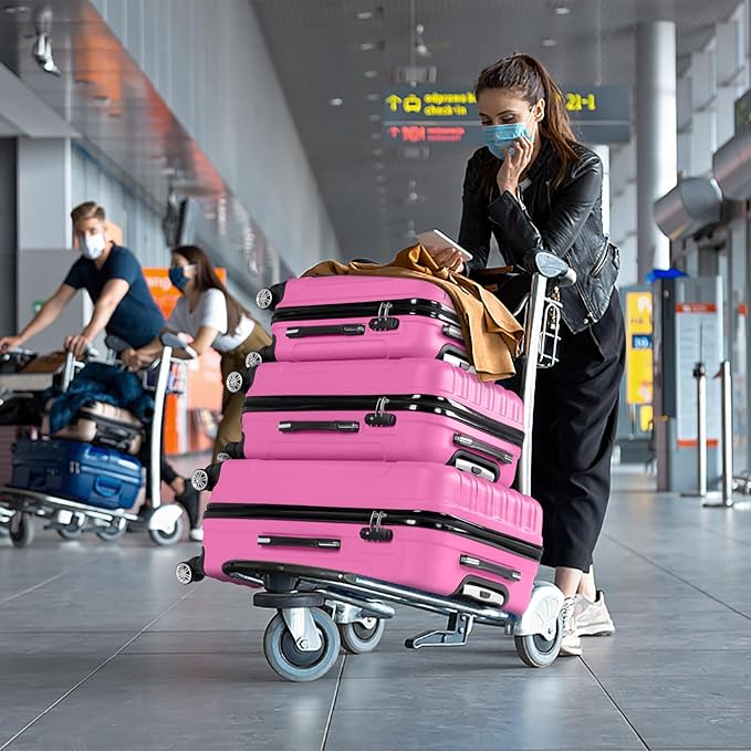 Karl home Luggage Set of 3 Hardside Carry on Suitcase Sets with Spinner Wheels & TSA lock, Portable Lightweight ABS Luggages for Travel, Business - Pink (20/24/28)