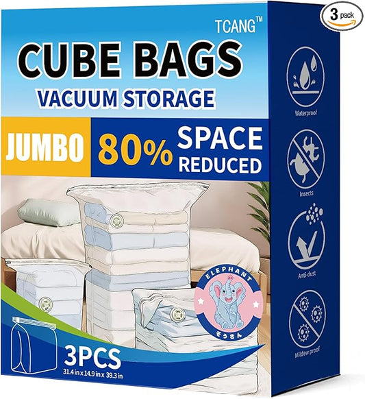 3 PACK Cube Vacuum Storage Bags,Jumbo Cube (31.4 * 39.3 * 14.9 Inch), Extra Large Vacuum Seal Bags for Clothing, Comforters, Blankets, Bedding, Closet Organization Space Saving
