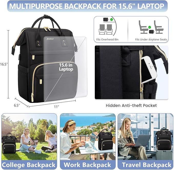 FOCDOD Women Laptop Backpack Work Bag - Fits 15.6 inch with Laptop Compartment Waterproof Professional Fashion Travel Purse for College Nurse Business Computer Backpack