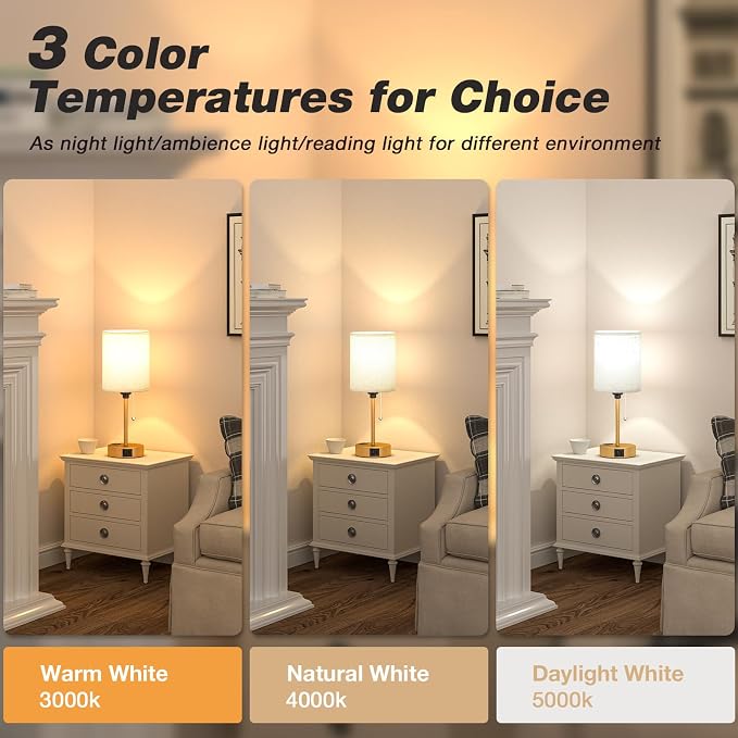 Small Bedside Table Lamp for Bedroom, Desk Lamp with USB Ports for Dorm | USB A+C Ports, AC Outlet, 3 Color Temperatures, LED Bulb Included, Linen-Fabric Shade, Gold Brass Base, 14" Night Stand Lamp