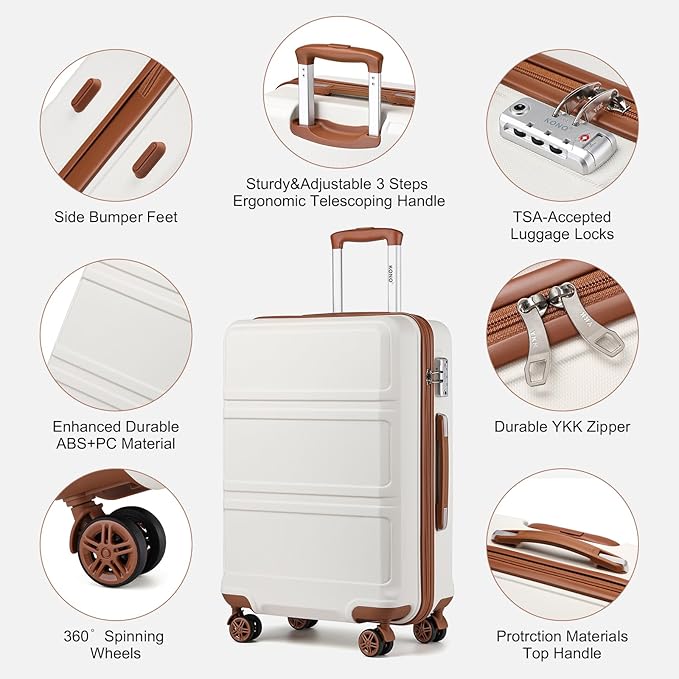 Kono Suitcase Set 3 Piece Luggage Set Expandable(only 28") PC+ABS Carry On Hardside Luggage with TSA Lock Spinner Wheels (Cream White, 6 piece set)