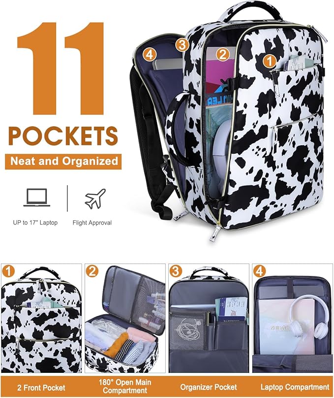 Capolo Travel Backpack for Women Men Waterproof Laptop Backpack Airlines Approved Carry On Backpack Bag Computer Bag for Business, Work, Traveling Fits 17 Inch Laptop(Cow Print)