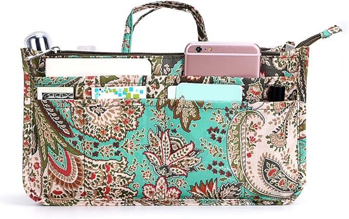 BTSKY New Printing Handbag Organizers Inside Purse Insert-High Capacity 13 Pockets Bag Tote Organizer with Handle Peacock Flower