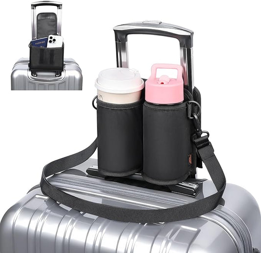 Desing Wish Luggage Cup Holder for Suitcases with Shoulder Strap Suitcase Cup Holder for Travel Luggage Drink Holder for Coffee Cups/Water Bottles/Soda Cans (Black)
