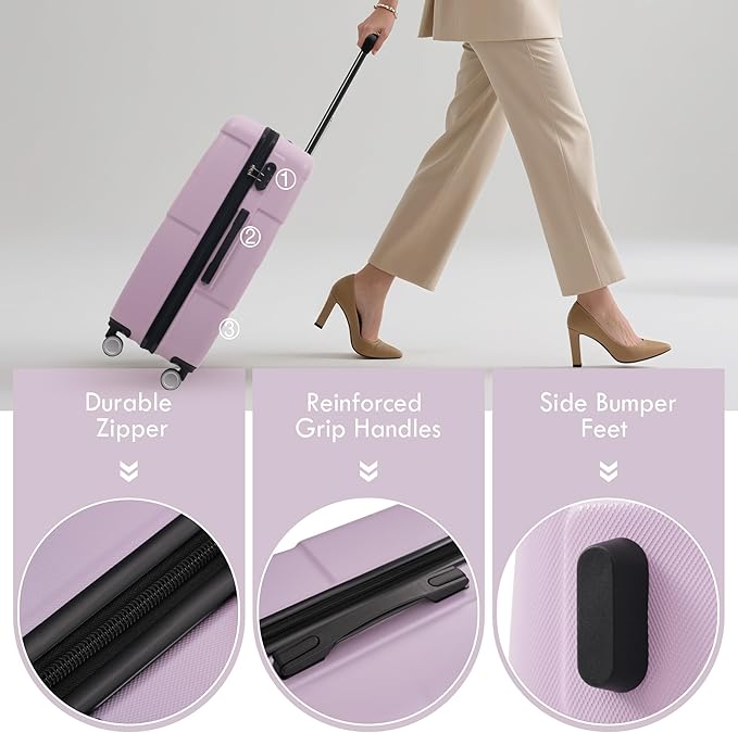 Merax Luggage Set, 3 Piece Hardcase Luggage with Double Spinner Wheels, Carry on Suitcase Airline Approved,20+24+28 inch,Pink Purple